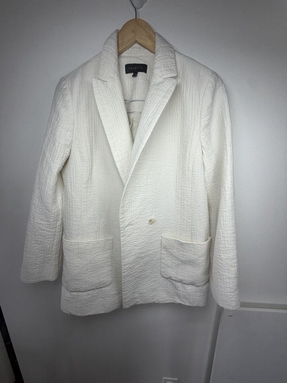 Talbots White Textured Crinkle Gauze Cotton Blazer Jacket Single Button Size 10 - Picture 10 of 12